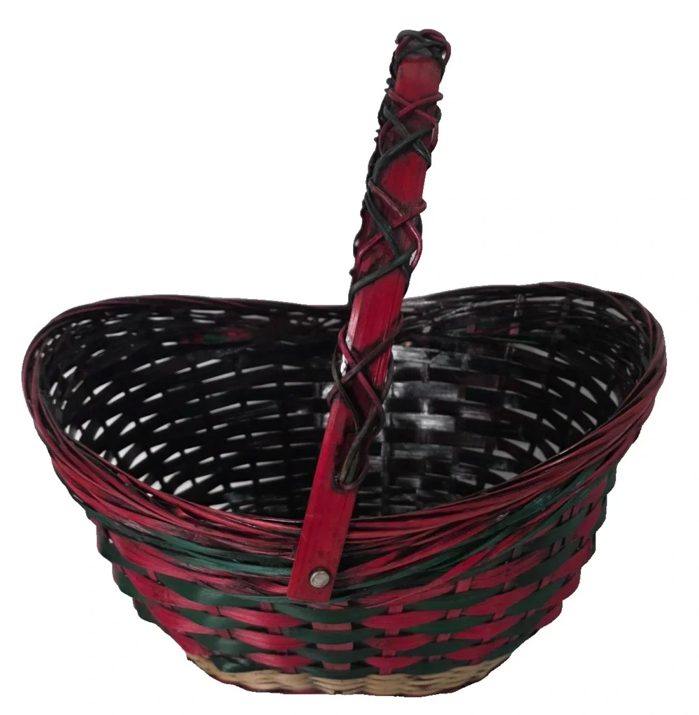 Vintage Christmas Wicker Basket Red Green Black Large 12in Holiday Decor